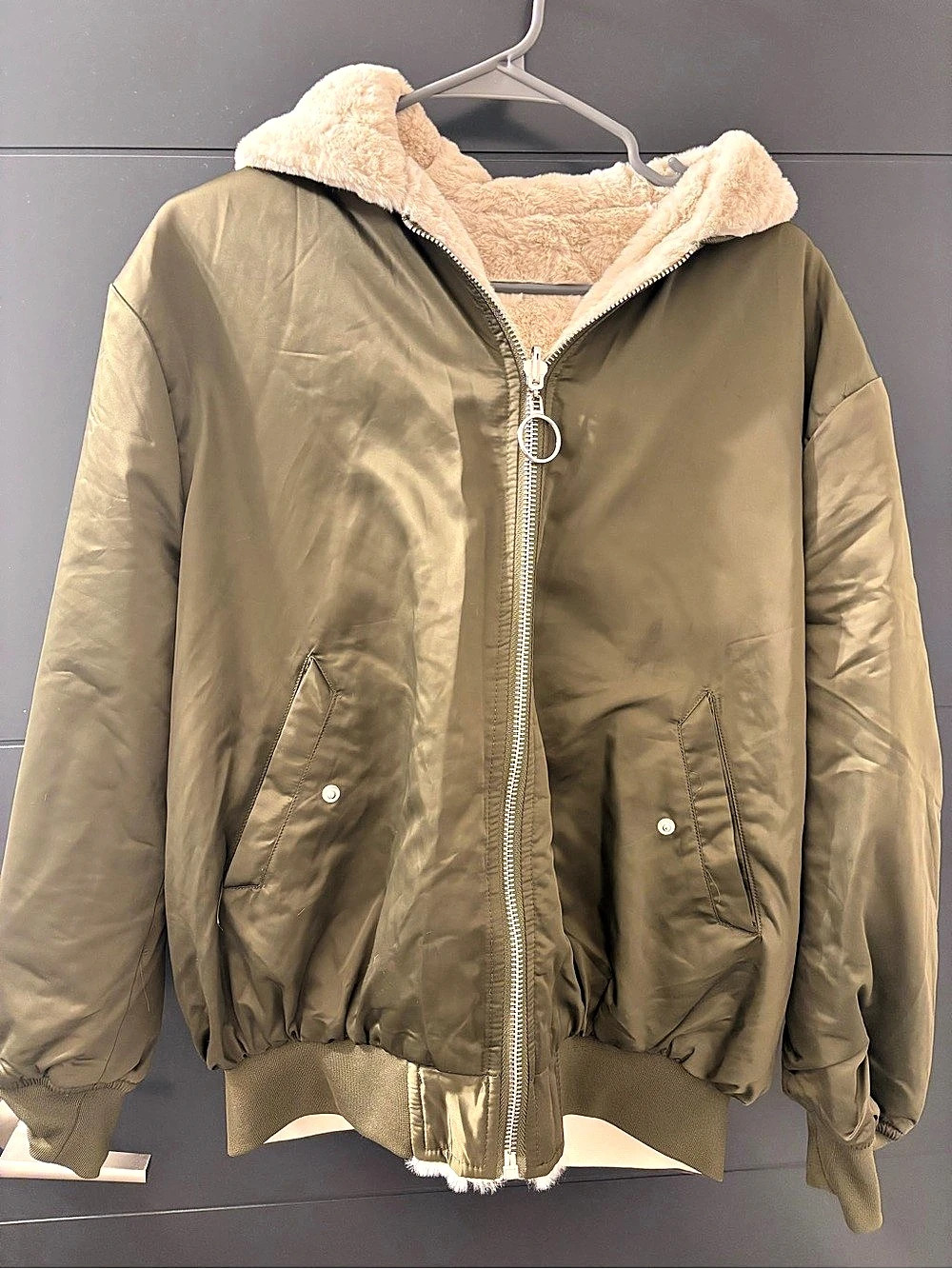 Top Notch Olive Green Faux Fur Reversible Bomber Jacket